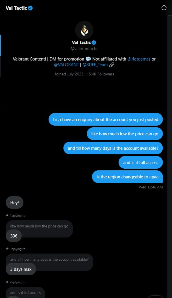 prekggwp's tweet photo. so recently i was scammed by an valorant news account 
@valorantactic is the username of the scammer, 
long story short , he was selling a account for 30 euros and needed a gift card code. he scammed me and never give me the required details. https://t.co/HZR9y13sVS