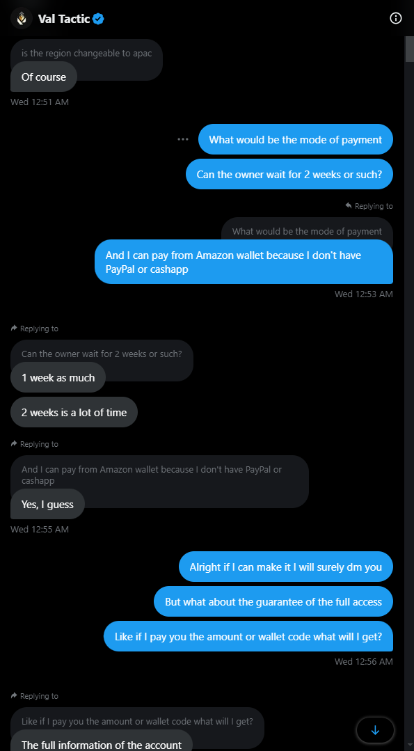 prekggwp's tweet photo. so recently i was scammed by an valorant news account 
@valorantactic is the username of the scammer, 
long story short , he was selling a account for 30 euros and needed a gift card code. he scammed me and never give me the required details. https://t.co/HZR9y13sVS