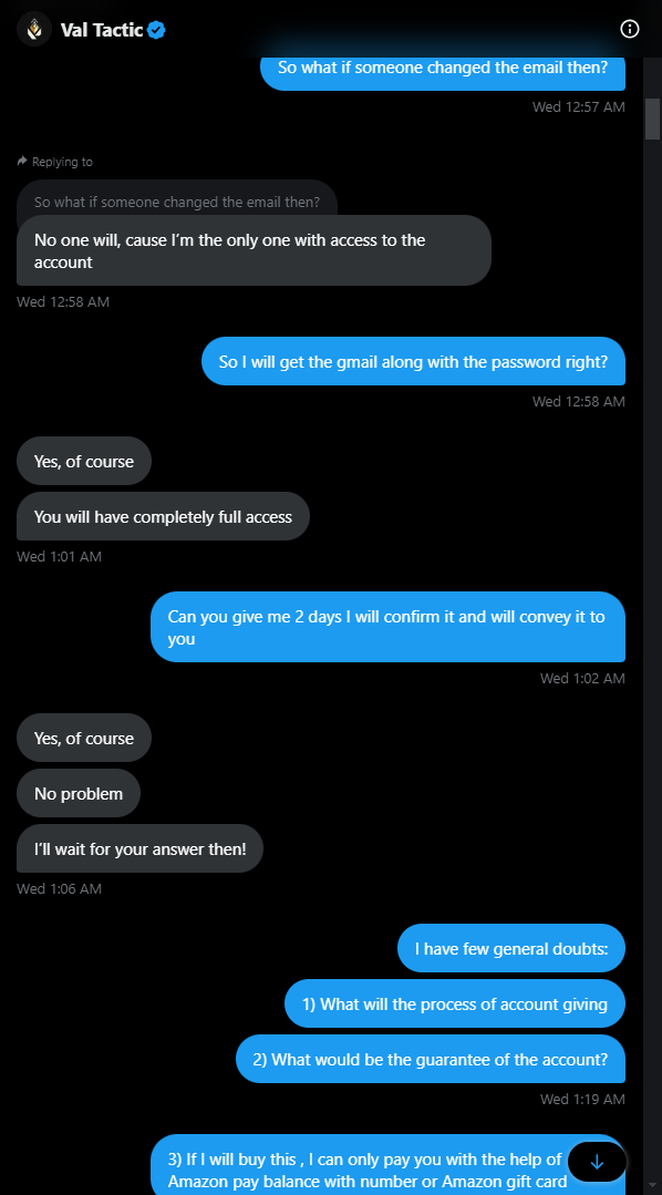 prekggwp's tweet photo. so recently i was scammed by an valorant news account 
@valorantactic is the username of the scammer, 
long story short , he was selling a account for 30 euros and needed a gift card code. he scammed me and never give me the required details. https://t.co/HZR9y13sVS