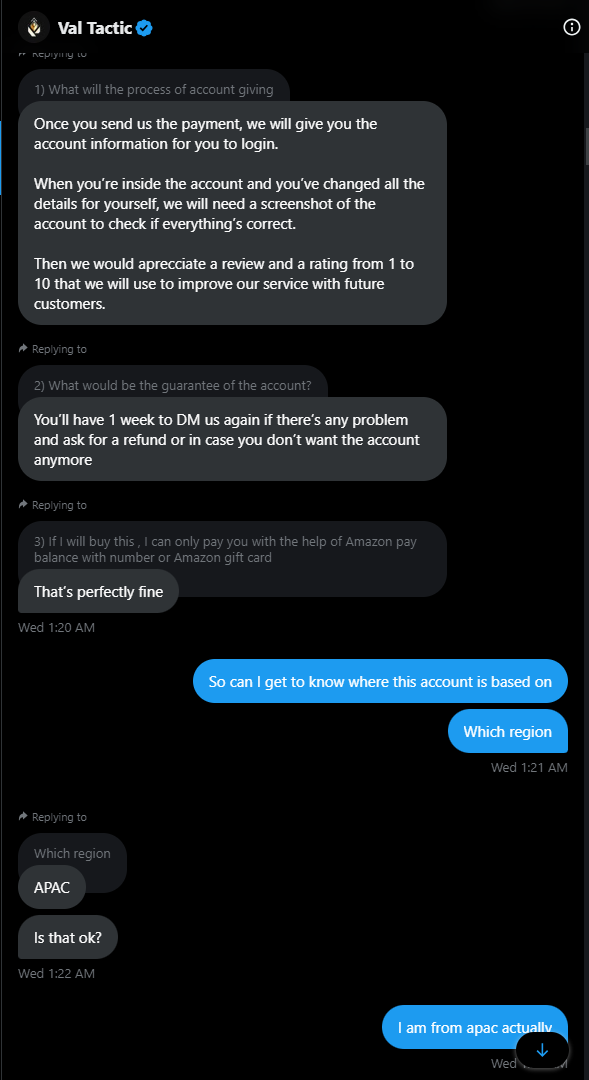 prekggwp's tweet photo. so recently i was scammed by an valorant news account 
@valorantactic is the username of the scammer, 
long story short , he was selling a account for 30 euros and needed a gift card code. he scammed me and never give me the required details. https://t.co/HZR9y13sVS