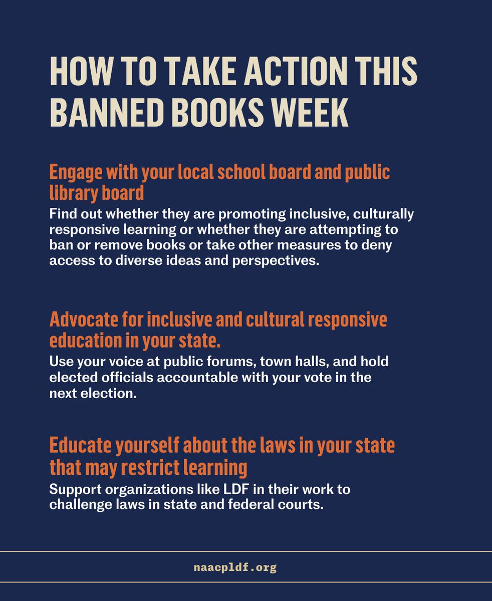 It's #BannedBooksWeek and here's what you can do to protect inclusive, uncensored education!

🏫  Engage with your local school board &amp; public library board
📢  Advocate for inclusive &amp; culturally responsive education
📚 Educate yourself about restrictive laws in your state