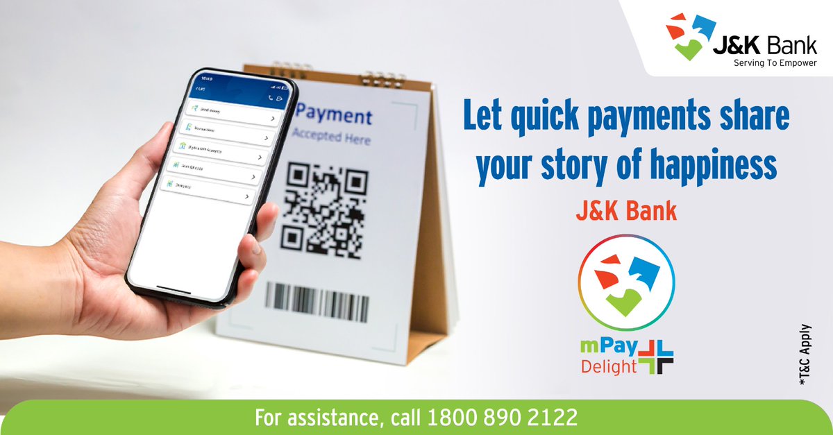 JandKBank's tweet photo. Change the way you pay and write your own story of happiness! Make effortless UPI Payments through QR code with mPay Delight+. Download the app now.
loS: https://t.co/kOhGUKTBzb
Android: https://t.co/5d5CkTzyfk

#JKBank #mPayDelight+ https://t.co/9GYM2vyw9K