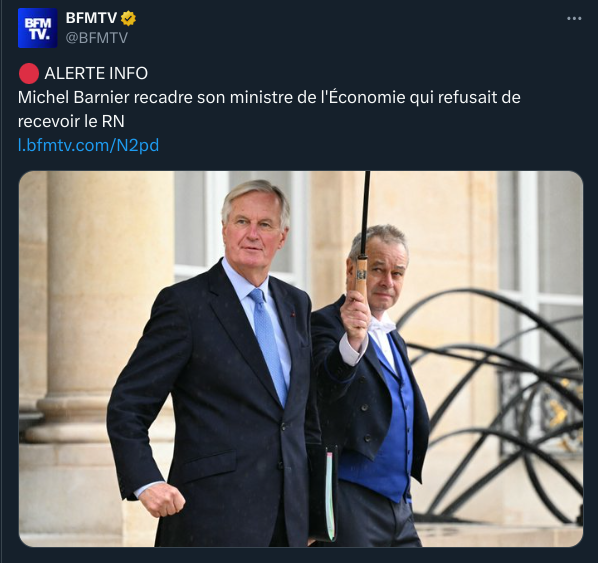 Romain_Herreros's tweet photo. Schéma qui sera désormais récurrent: 

1. le ministre mettra en distance le RN
2. Marine Le Pen grondera
3. Barnier recadrera
4. Le ministre obéira https://t.co/l4r8UljlGv
