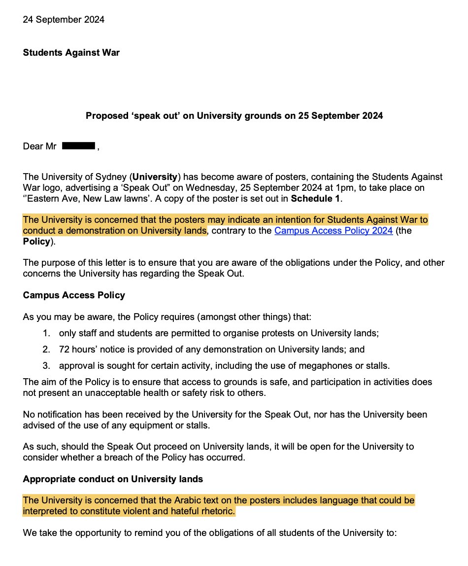When <a href="/Sydney_Uni/">University of Sydney</a> students publicly call a  protest to oppose Israel's attacks on Lebanon, uni management threatens them for not 'notifying' them of it, and chucks in some jaw-dropping racism about 'Arabic language' for good measure.