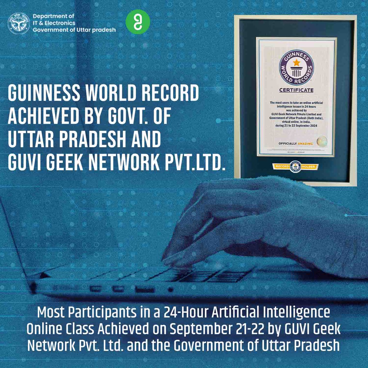 ✨ World Record! 

History made with the most users to take an Artificial Intelligence lesson in 24 hours! 

From 21st Sep, 12 PM to 22nd Sep, 12 PM, we shattered records and earned the Guinness World Record Title! 🎉🏆

#GenAI #GenerativeAI #UPLC #UPGOVT #GUVi