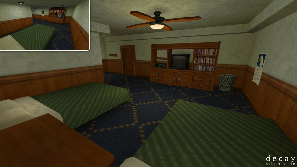 Halflife_DSM's tweet photo. A WIP shot of the dorms from Half-Life Decay: Solo Mission's fifth chapter.

Was never happy with how office-like the original rooms felt so I tried to add a couple minor things just to make it more feasible as a bedroom. https://t.co/Zhv0hxjVzs
