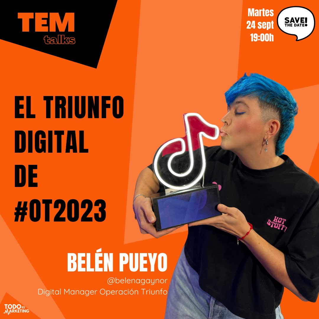 ¡Esta tarde tenemos en TEM a <a href="/BelenaGaynor/">BelenaGaynor</a>! 

Viene a hablarnos de la estrategia detrás del éxito digital de Operación Triunfo 2023.

¡Ganas x1000!

🗓️ 24 de septiembre. 19:00h
📍 En TEM - Todo es Marketing