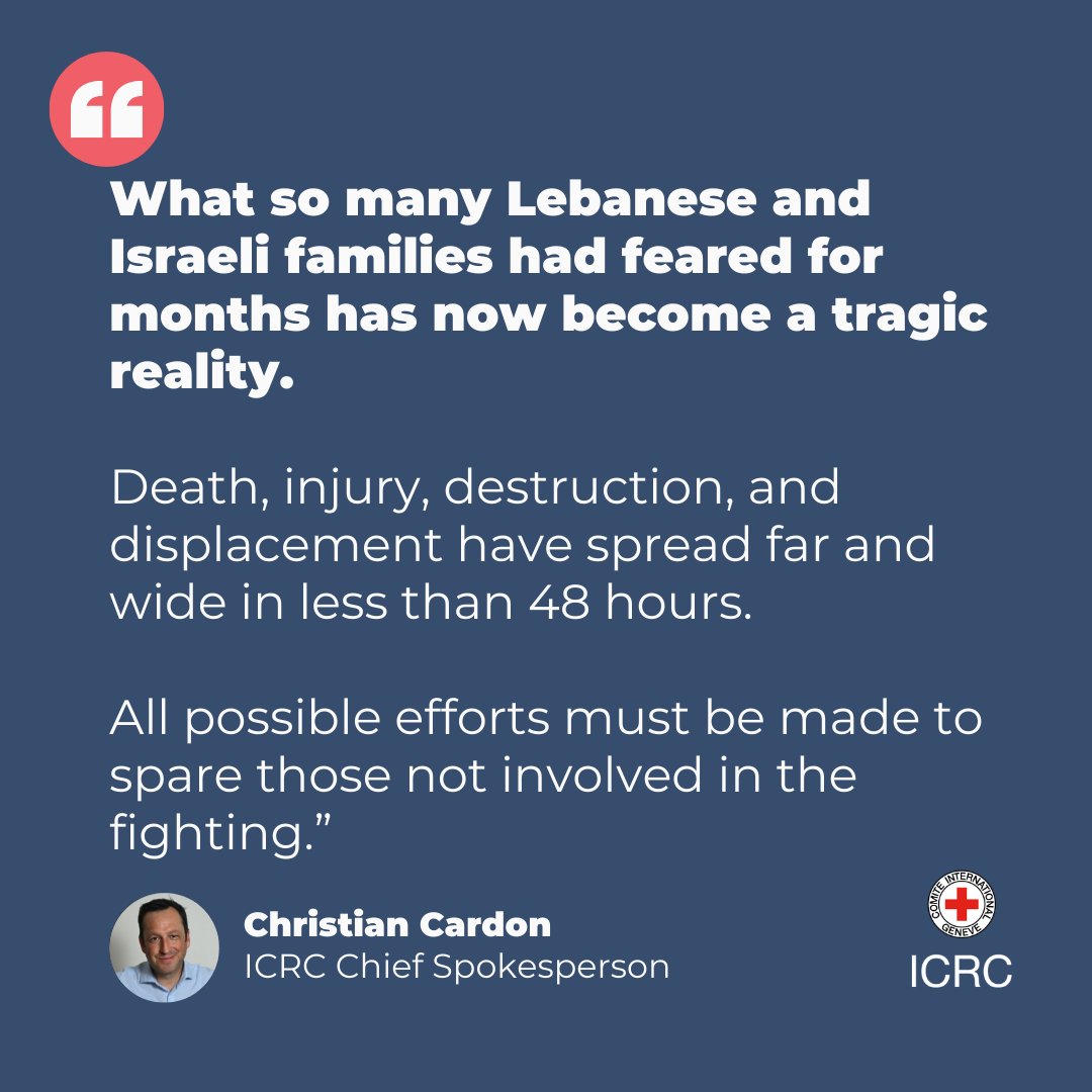 What so many Lebanese and Israeli families had feared for months has now become a tragic reality. 

<a href="/CCardonICRC/">Christian Cardon</a>, ICRC chief spokesperson, shares 👇🏽

Civilians must be protected.