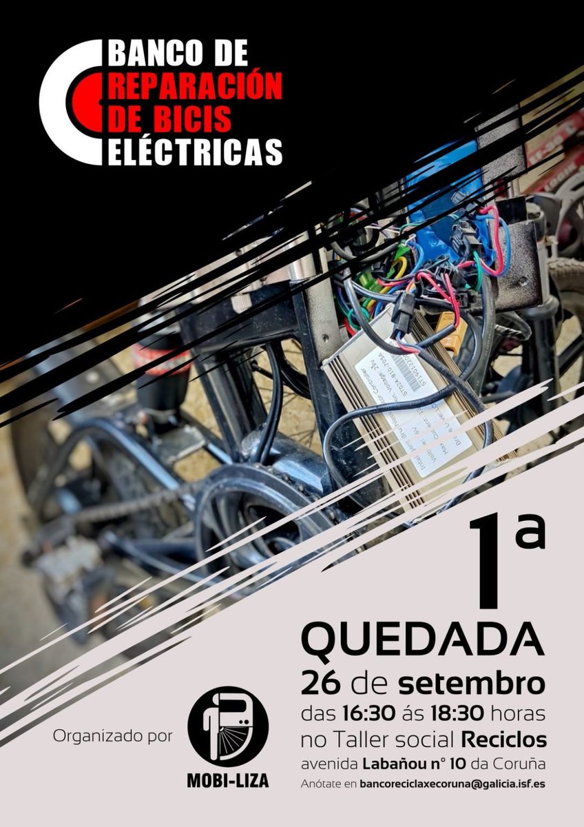 Asociación Enxeñería Sen Fronteiras Galicia (@esfgalicia) on Twitter photo Únete ao novo "Grupo de reparación de bicis eléctricas" #ACoruña
📅Primeira reunión: xoves, 26 de setembro
🕟Horario: 16:30 a 18:30
📍Lugar: Taller social Reciclos de <a href="/liza_mobi/">Mobi-liza</a>
Aprende e repara a túa e-bike coa comunidade
bancoreciclaxeelectronica.fala.gal/2024/09/12/gru…
#MobilidadeSostible #ESFpro Únete ao novo "Grupo de reparación de bicis eléctricas" #ACoruña
📅Primeira reunión: xoves, 26 de setembro
🕟Horario: 16:30 a 18:30
📍Lugar: Taller social Reciclos de <a href="/liza_mobi/">Mobi-liza</a>
Aprende e repara a túa e-bike coa comunidade
bancoreciclaxeelectronica.fala.gal/2024/09/12/gru…
#MobilidadeSostible #ESFpro