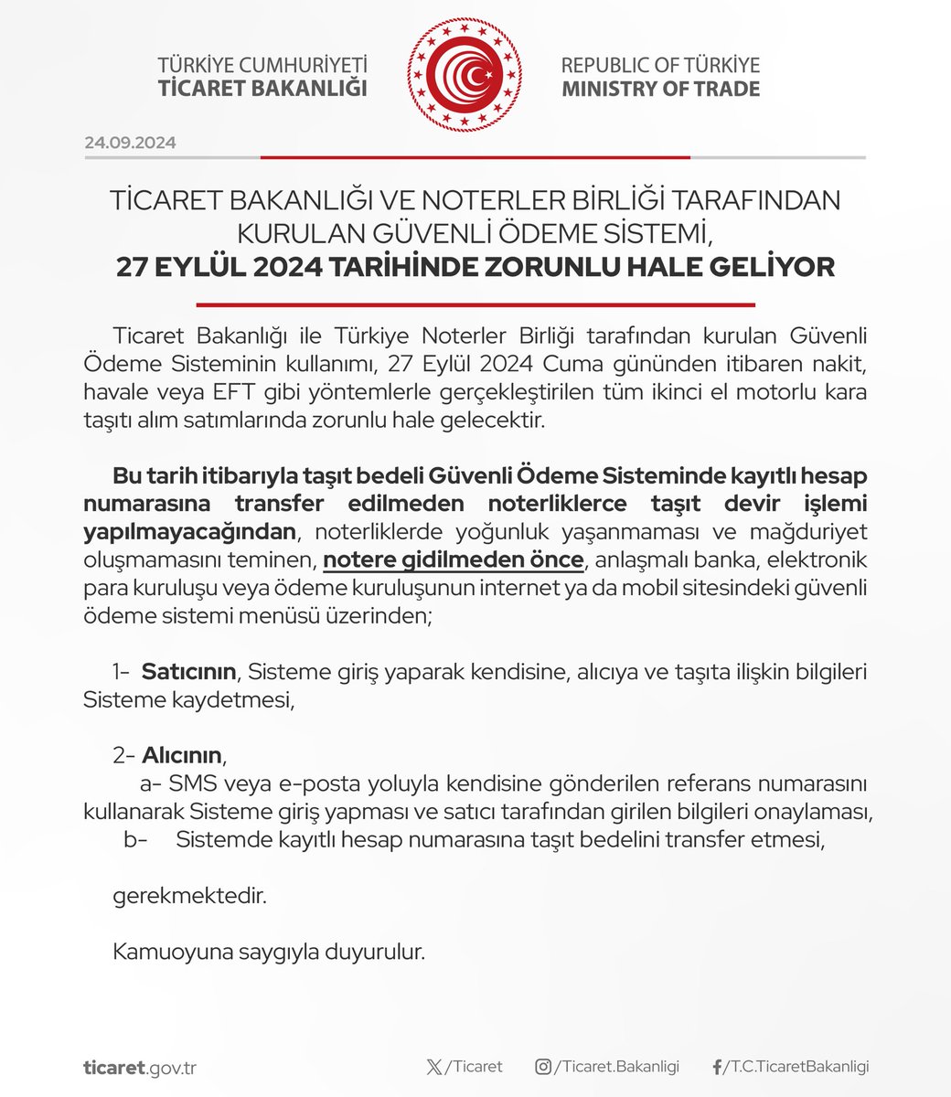 Ticaret Bakanlığı ve Noterler Birliği Tarafından Kurulan Güvenli Ödeme Sistemi, 27 Eylül 2024 Tarihinde Zorunlu Hale Geliyor

(24.09.2024)