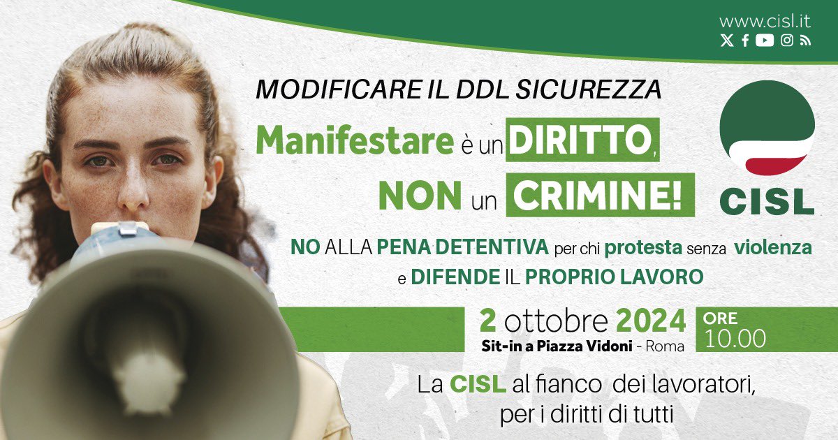 CislNazionale's tweet photo. MANIFESTARE  E’  UN  DIRITTO
NON UN CRIMINE !

IL 2 OTTOBRE  A  ROMA  IL SIT - IN  DI PROTESTA DELLA CISL 
ORE 10.00  PIAZZA VIDONI 

NO  ALLA  PENA DETENTIVA 
PER  CHI PROTESTA SENZA VIOLENZA  E DIFENDE  IL PROPRIO LAVORO https://t.co/TNbZU2plet
