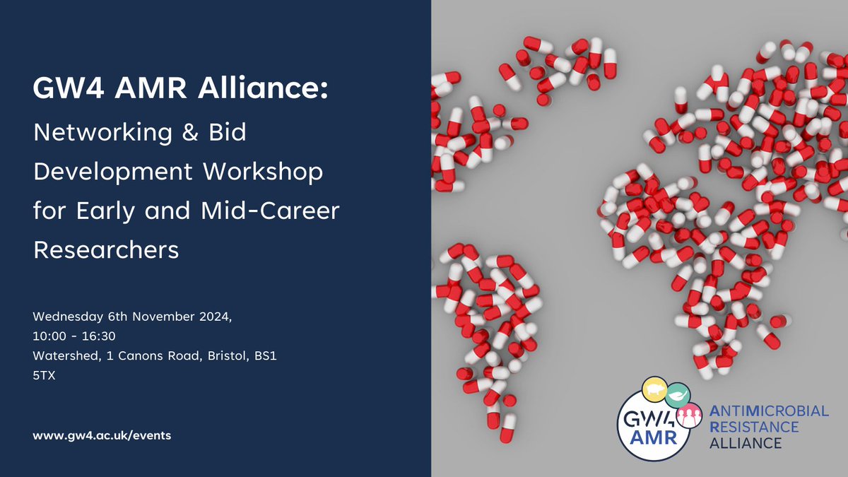 🌟 Calling all early and mid-career researchers at GW4 universities! 
💊Join us at the <a href="/GW4AMR/">GW4 AMR Alliance</a> Alliance Networking and Bid Development Workshop for a chance to connect, collaborate, and explore funding opportunities in antimicrobial resistance research.
🗓️ gw4.ac.uk/events/gw4-amr…