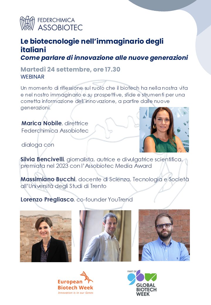 AssobiotecNews's tweet image. 🔎Quanto sanno gli italiani di #biotech? Come parlare alle nuove generazioni di #biotecnologie e innovazione?
📆Ne parleremo oggi alle 17.30. 
👉Per accedere al webinar: bit.ly/3MXLzuk
🧡🌍#biotechweek #ebw2024