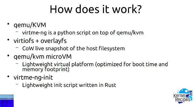 lea_linux's tweet photo. #KR2024 Voila comment ça marche : du qemu, du virtiofs / overlayfs, du python, du rust, un peu de d'amour et vous mettez tout ceci au four pendant 15 minutes : https://t.co/WfGWqB8d1N