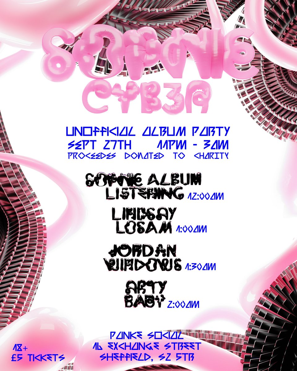 Set times for our SOPHIE album party THIS FRIDAY!!! 

graphic by <a href="/jordan_windows/">jordan windows</a> ☆ 

#sophie #sophiexeon #pcmusic #sheffield #clubnight 

skiddle.com/whats-on/Sheff…