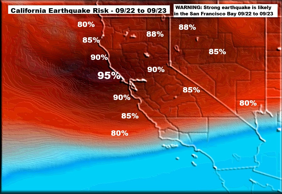 Quakeprediction's tweet photo. π¨ WARNING: A strong earthquake is likely in the San Francisco Bay area 09/24. Please warn friends and family to stay alert and prepared. ππ΅ #EarthquakeWarning #StaySafe #BayAreaAlert - https://t.co/06mqCmII1E https://t.co/2FdtjegGA8