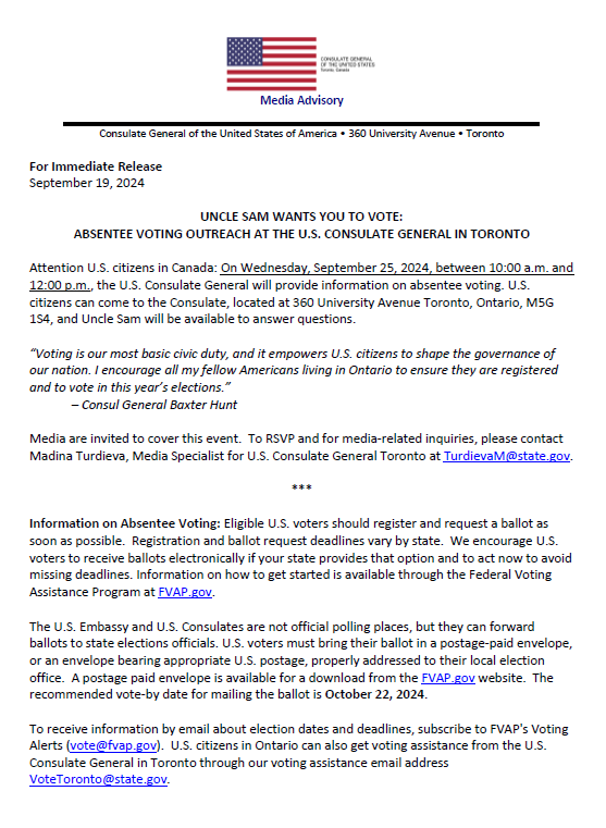 usconstoronto's tweet image. ATTN #USCits: Tomorrow, Wednesday, September 25, 2024, between 10:00 a.m. and 12:00 p.m., the @usconstoronto will provide information on absentee voting. U.S. citizens can come to the Consulate, located at 360 University Avenue Toronto, Ontario, M5G 1S4.

“Voting is our most…