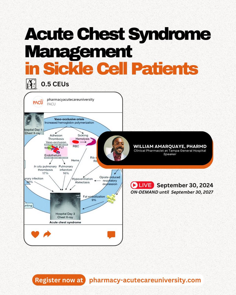 Excited to be hosting our first live ACPE accredited with <a href="/GhanaboyPharmd/">Check Your Tube Station 🇬🇭</a> discussing acute chest syndrome 9/30 at 7pm est. 

sign up 

pacu-pharmacypearls.lpages.co/pacu-webinar/
