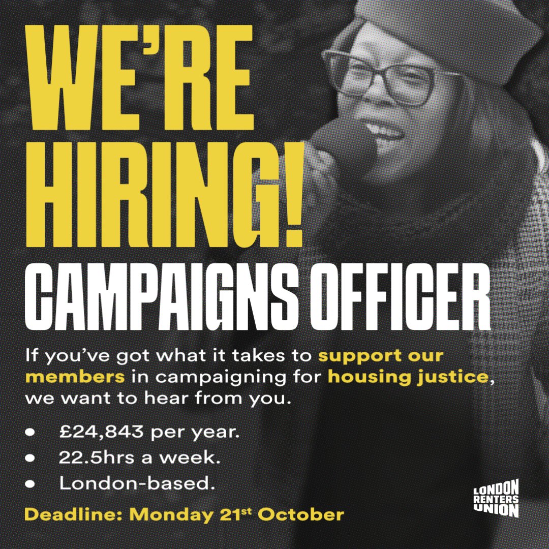 LDNRentersUnion's tweet photo. We're hiring a new campaigns officer.

If you've got what it takes to support our members in campaigning to transform the housing system, we want to hear from you.

🔗 https://t.co/GVLlUyjCR5 https://t.co/l9VzqDDusi