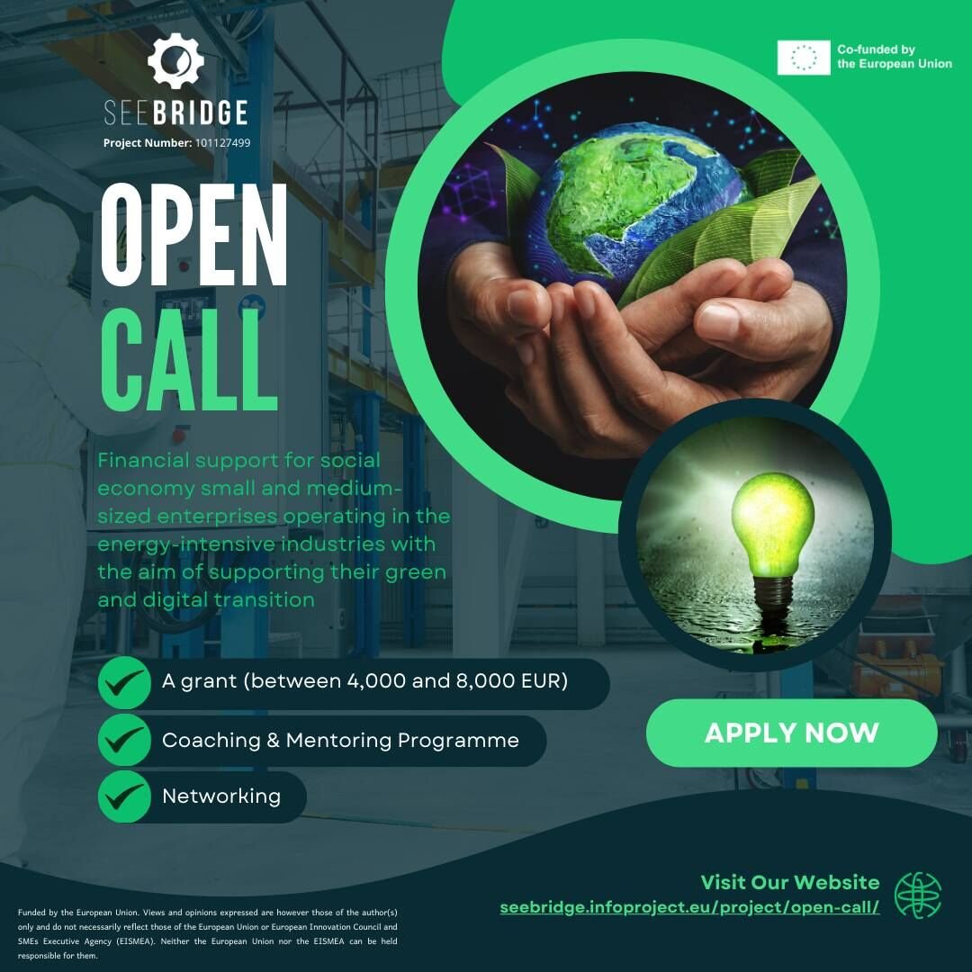 ERNACT's tweet image. 🚨 Last week to apply for the @SeeBridge_ Open Call!

Social Economy SMEs in energy-intensive industries, don&apos;t miss out!

💡Grants up to €8,000 for green &amp;amp; #digitaltransitions + #CBAM adaptation!

🗓 Deadline: Oct 1🔗 Apply now: seebridge.infoproject.eu/project/open-c…