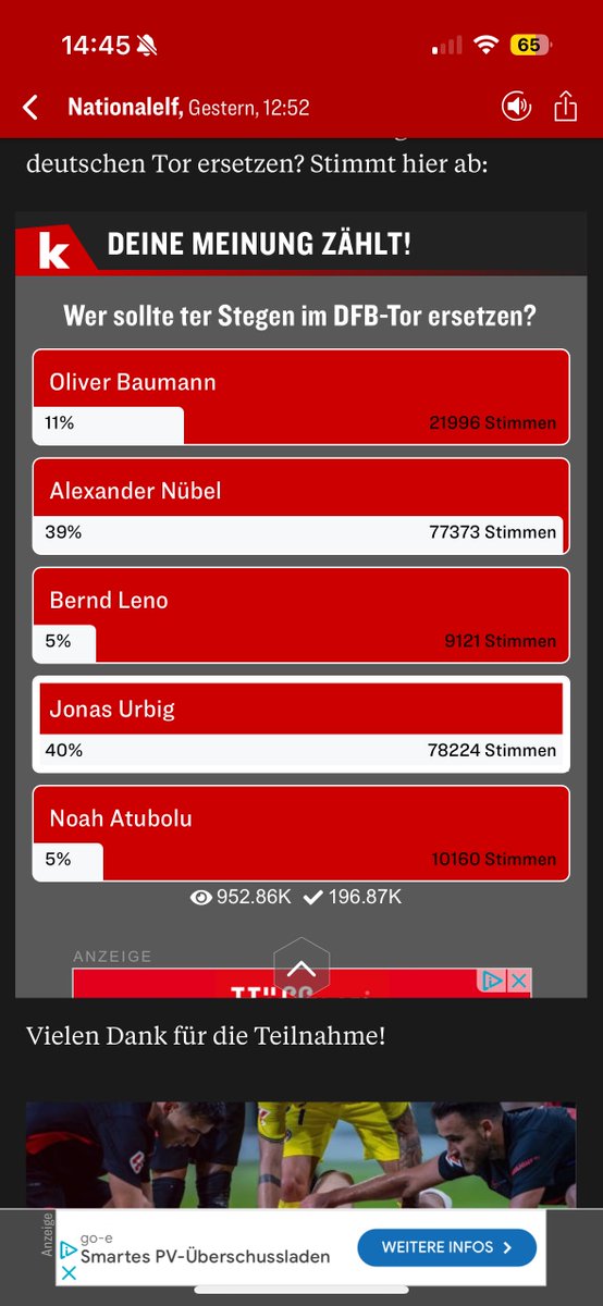 🚨⚽️ Jonas Urbig (U23 Nationaltorwart, <a href="/fckoeln/">1. FC Köln</a>) soll ter Stegen ersetzen. Das wünschen sich die Nutzer vom <a href="/kicker/">kicker</a> in der aktuellen Umfrage. 

Hier kann man abstimmen:
👉kicker.de/wer-ersetzt-te…