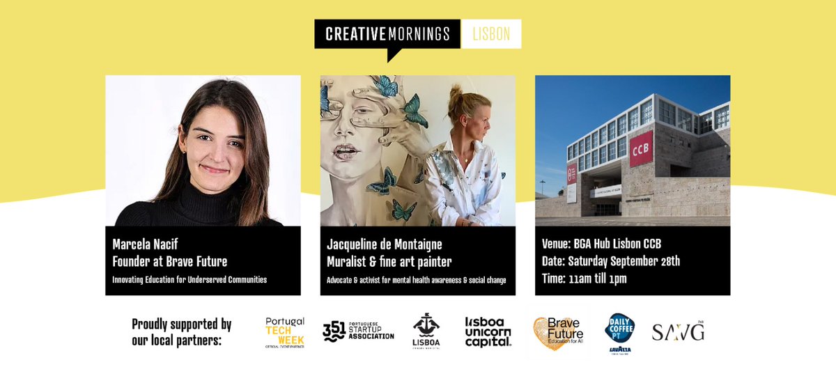 Don't forget to get your ticket: bit.ly/4e3TGRS
Join us for a thought-provoking event with
<a href="/J_DEMONTAIGNE/">Jacqueline De Montaigne</a>, an acclaimed muralist and fine art painter, and Marcela Nacif, founder of Brave Future 🔜 Save the date: September 28th at 11am at BGA Hub Lisbon CCB