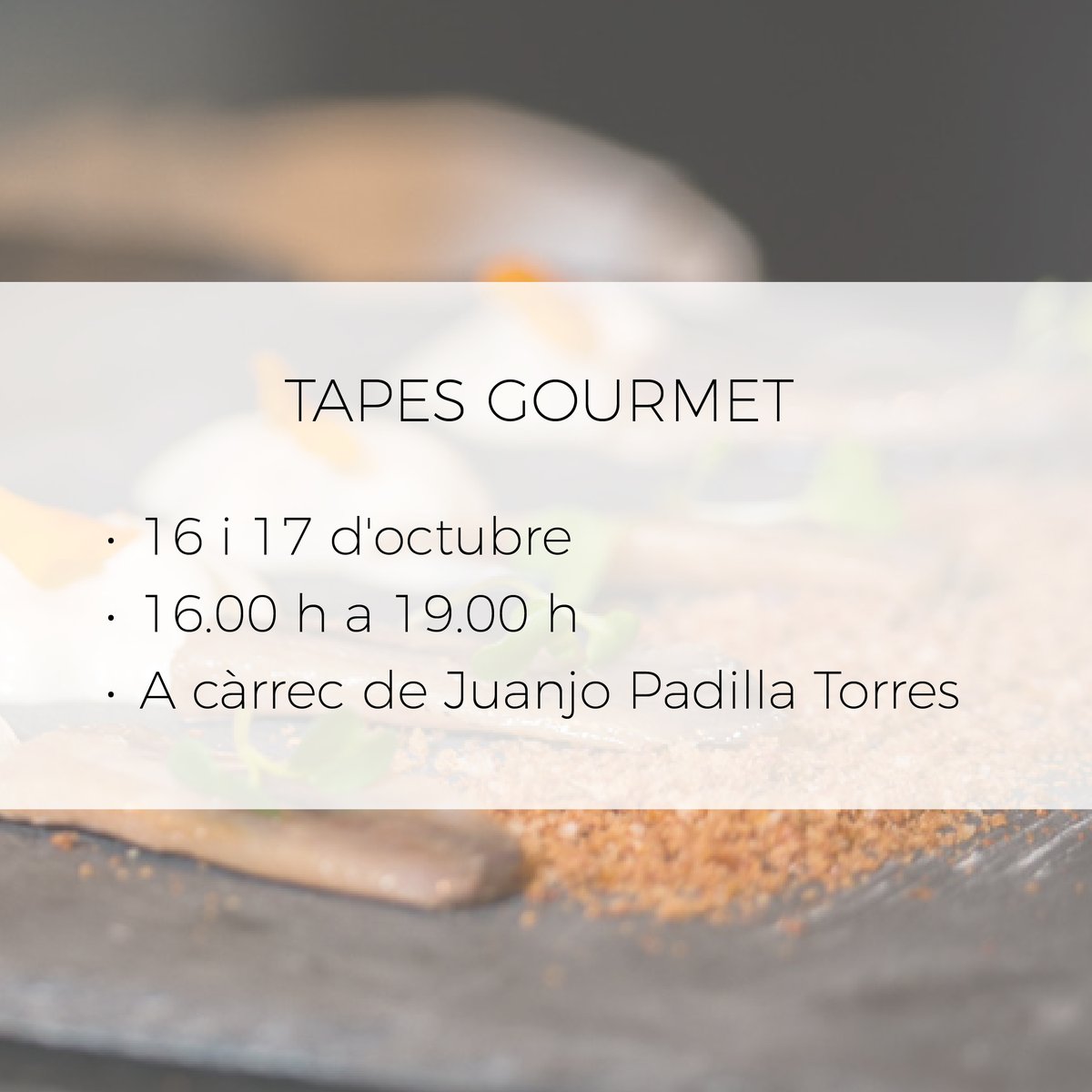 AULACBC's tweet photo. 🥙 En el curs TAPES GOURMET aprendràs a cuinar 
 snack de magadalena d’oliva amb juliana de sípia, pinyons amb xocolata i sal negra, musclo de roca amb galeta i alga nori, snack de galeta d’arròs amb formatge parmesà, galeta de parmesà amb mozzarela, rúcula i alfàbrega, etc. https://t.co/BkbyywuIXw