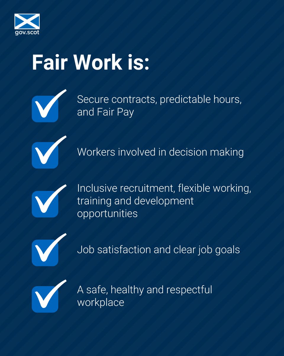 Fair Work is: 
 
🔵 secure contracts, predictable hours and Fair Pay 
🔵 workers involved in decision making
🔵 inclusive recruitment and flexible working 
🔵 job satisfaction 
🔵 a safe, healthy and respectful workplace 
 
Find out more fairworktool.scot
