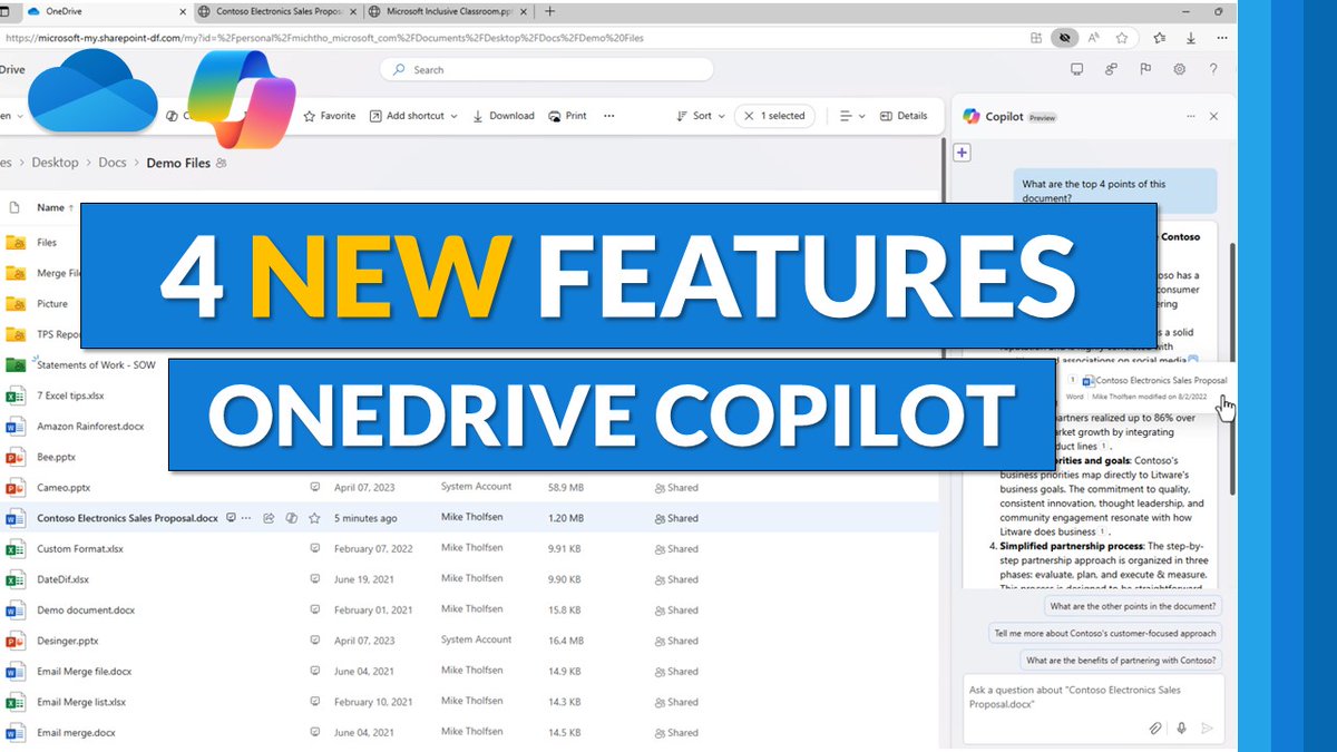 A tutorial video showing 4 new features in M365 Copilot for OneDrive ☁️ Updates include:

✅ Summarize document
✅ Ask questions about document
✅ Create an FAQ for a document
✅ Compare files 

YouTube 📺 youtu.be/TH5b9NpjPh8?si…

#edtech #AI #Copilot