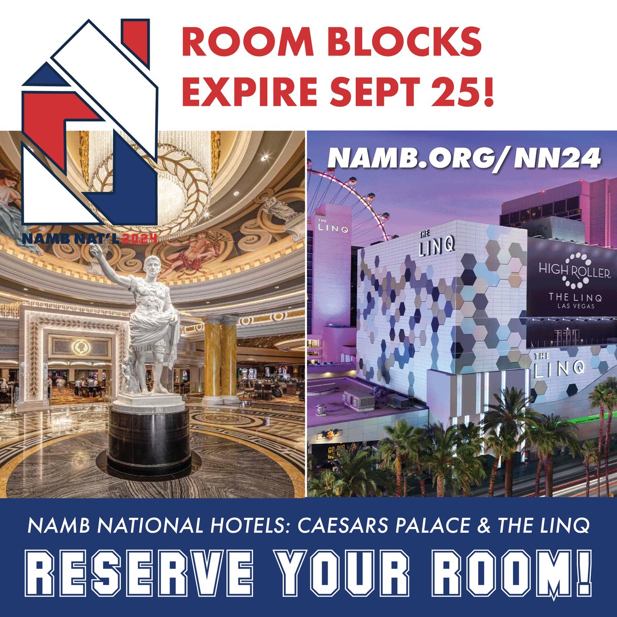 NAMBpros's tweet image. If you haven&apos;t booked your room for NAMB National 2024 yet, no more stalling! Room block at our overflow hotel @The LINQ expires tomorrow, Wed, Sept 25. (Caesars rooms are sold out.)

For more conference info: namb.org/nn24
To book your hotel: zurl.co/yyl2