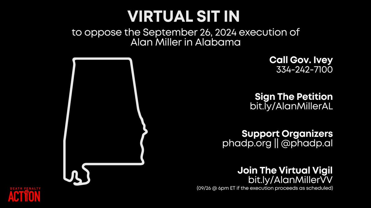 In just 2 days, Alabama plans to carry out a second execution via nitrogen asphyxiation to another man who survived a failed lethal injection attempt. Join the #VirtualSitIn buff.ly/3Kw3Psx to save #AlanMiller. #StopExecutions <a href="/govkayivey/">Kay Ivey</a> <a href="/phadp/">PHADP</a>