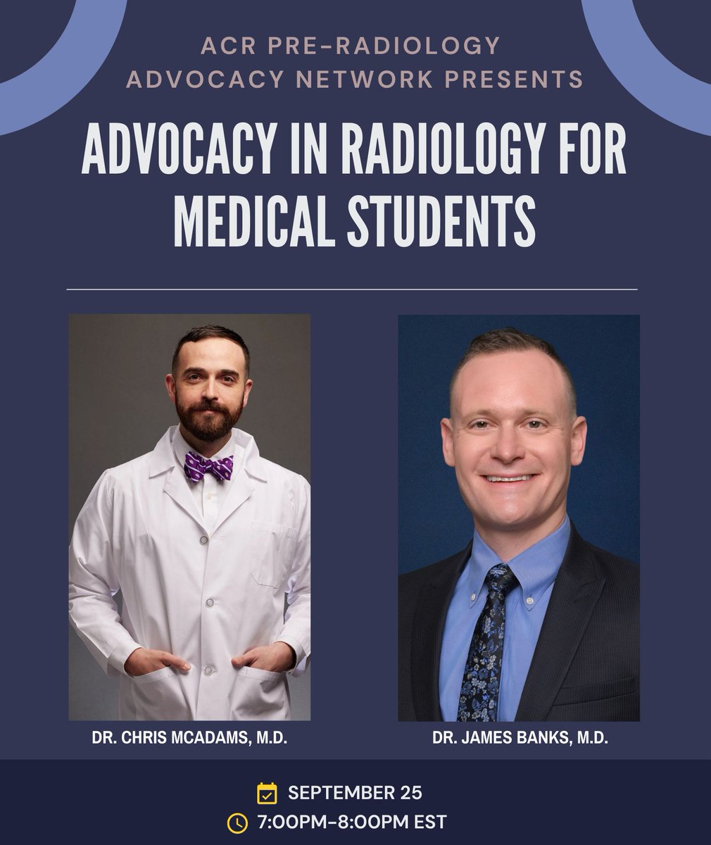 ACR RAN (@acrran) on Twitter photo Are you an aspiring #Radiologist? Be sure to check out this important session on #Radvocacy for medical students this Wed, 9/25 featuring two amazing advocates with a ton of experience to share. Don't miss it!
Register 👇
buff.ly/3BoTRIV
<a href="/DrChrisMcAdams/">Chris McAdams, M.D.</a>
@JamesBanksMD Are you an aspiring #Radiologist? Be sure to check out this important session on #Radvocacy for medical students this Wed, 9/25 featuring two amazing advocates with a ton of experience to share. Don't miss it!
Register 👇
buff.ly/3BoTRIV
<a href="/DrChrisMcAdams/">Chris McAdams, M.D.</a>
@JamesBanksMD