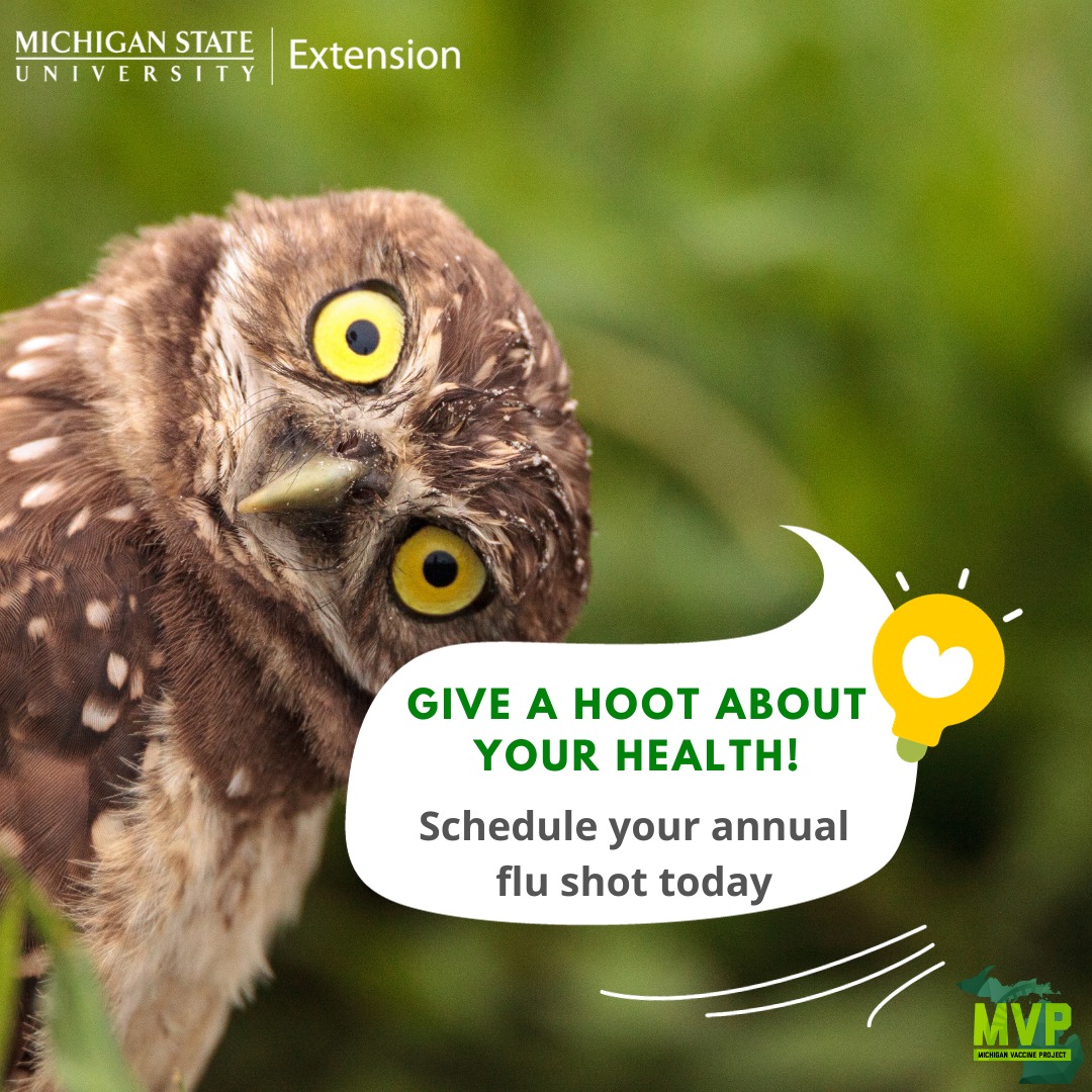 MichiganVaccine's tweet photo. Annual flu vaccines are now available! Check with your healthcare provider's office, Local Health Department, or local pharmacy to schedule your vaccine today. To learn more about MVP, visit https://t.co/Lv72UIqZ4N. #health #education #mvp #flu #influenza #fall #owl #giveahoot https://t.co/eLac6nfX4q