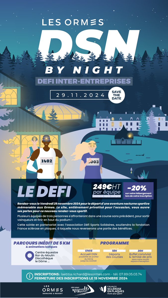 Les Ormes sont fiers de vous annoncer que le #DSNbyNight 2024 soutiendra la fondation <a href="/France_SEP/">France Sclérose En Plaques</a>, représentée par l'association Défi Sports Solidaires ! 🙌

Le défi sera un moyen de collecter des fonds au profit de la fondation, en leur reversant une partie des bénéfices.