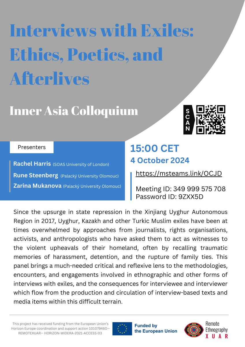 Remote Xuar (@remote_xuar) on Twitter photo After a long summer break, it’s time for the Inner #Asia #Colloquium again! On October 4 at 15:00 CET, <a href="/Rachel_A_Harris/">Rachel Harris</a>, <a href="/rune_s_r/">Rune Steenberg</a>, and Zarina Mukanova will debate the methodologies of ethnographic interviews with #exiles 🎙️
Join the talk at msteams.link/OCJD 👥 After a long summer break, it’s time for the Inner #Asia #Colloquium again! On October 4 at 15:00 CET, <a href="/Rachel_A_Harris/">Rachel Harris</a>, <a href="/rune_s_r/">Rune Steenberg</a>, and Zarina Mukanova will debate the methodologies of ethnographic interviews with #exiles 🎙️
Join the talk at msteams.link/OCJD 👥