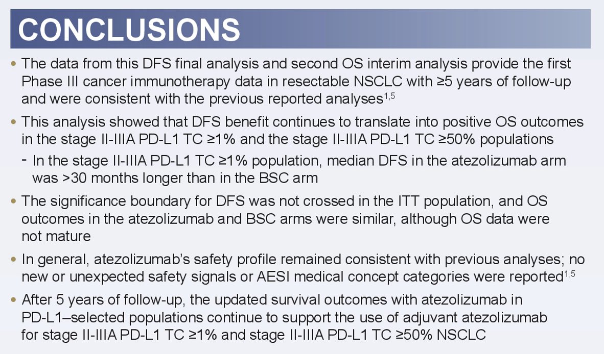 KatsuakiMaehara's tweet image. 1/3

🫁 IMpower-010 #ASCO24 🫁

🌟 DFS final analysis &amp;amp; second OS interim analysis 🌟

📌 PPT was prepared because it is a poster presentation and the display is small.

📌 First, a concrusion.

@HwakeleeMD
@ASCO
abstract : #LBA8035