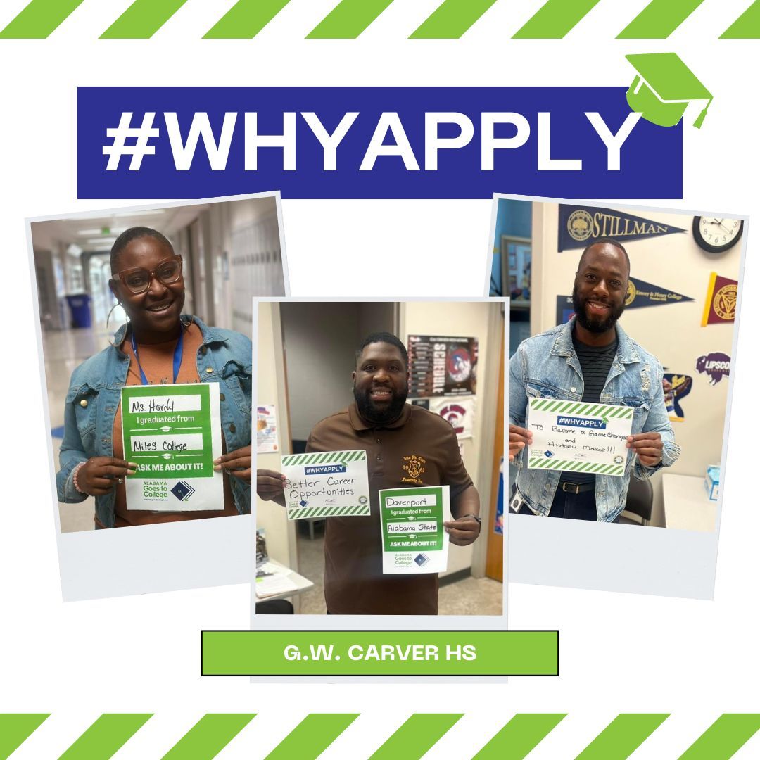 algoes2college's tweet image. During #WhyApply Day, Alabama educators kicked off college application season by sharing why students should continue their education and training after high school! Thanks for inspiring high school students by sharing the path you took! #alabamagoes2college #classof2025