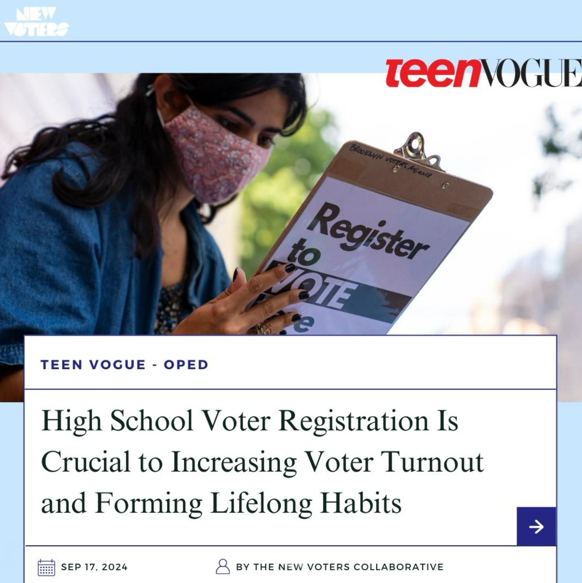 <a href="/newvotersorg/">New Voters</a> and <a href="/jahnavisrao/">jahnavi</a> just dropped their second co-authored op-ed in @teenvogue! New Voters is a non-profit organization empowering students to host successful, non-partisan voter registration drives at their high schools. Check out their page to read the article!
