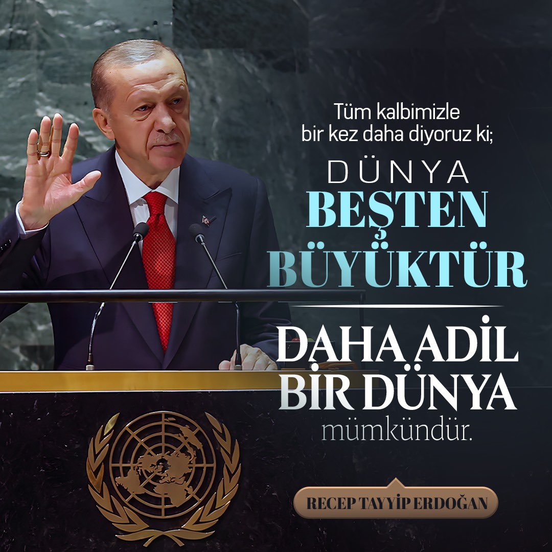 Cumhurbaşkanımız Recep Tayyip Erdoğan birkaç saat sonra Birleşmiş Milletler Genel Kuruluna hitaplarını gerçekleştirecek.

Türkiye, Cumhurbaşkanımızın liderliğinde bulunduğu her platformda mazlumların sesi olmaya devam edecek 🇹🇷

#WorldIsBiggerThan5
#Dünya5tenBüyüktür