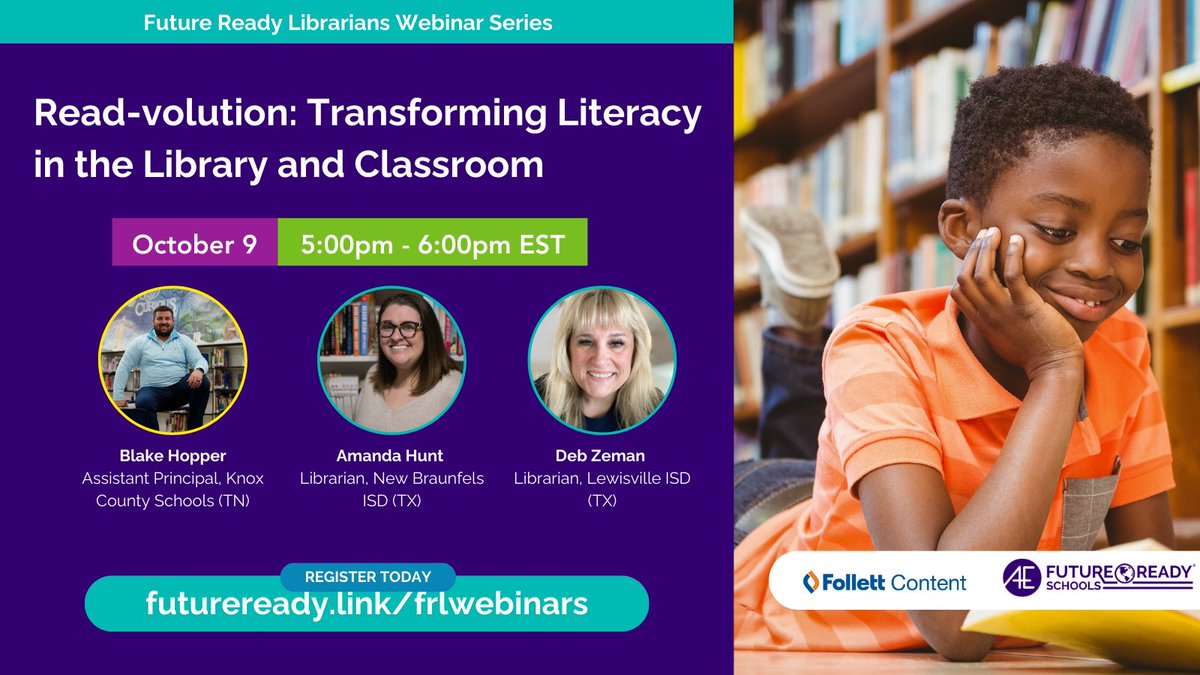 Thomas C. Murray (@thomascmurray) on Twitter photo The #FutureReadyLibs webinar series continues with an October Read-volution! @ShannonMMiller and guests <a href="/thelitprincipal/">Blake Hopper</a>, <a href="/thenextgenlib/">Amanda Hunt she/her 🔜 #ISTELive25</a> and <a href="/Z_Brarian/">📚Deborah Zeman 🔜 #TLA2025</a> will discuss promoting a love of reading and literacy across the school community and much more. 📚
futureready.link/frlwebinars The #FutureReadyLibs webinar series continues with an October Read-volution! @ShannonMMiller and guests <a href="/thelitprincipal/">Blake Hopper</a>, <a href="/thenextgenlib/">Amanda Hunt she/her 🔜 #ISTELive25</a> and <a href="/Z_Brarian/">📚Deborah Zeman 🔜 #TLA2025</a> will discuss promoting a love of reading and literacy across the school community and much more. 📚
futureready.link/frlwebinars