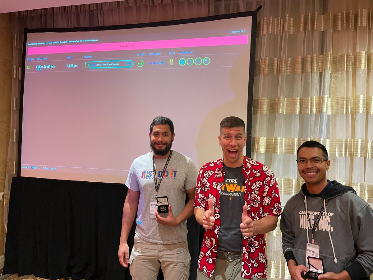 SANSOffensive's tweet photo. 🏆 Winners Circle: SANS Offensive Ops Baltimore 2024
🚩 ‘One Coin to Rule Them All’ champs celebrate finishing #SEC670, w/ @jon__reiter
🚩 @SANS_EDU students teamed up as Cyber Sentinels to claim #SANSNetWars title
🚩 #SEC560 standouts shined w/ @chriselgee
#SANSLiveTraining https://t.co/N94rbG8tKV