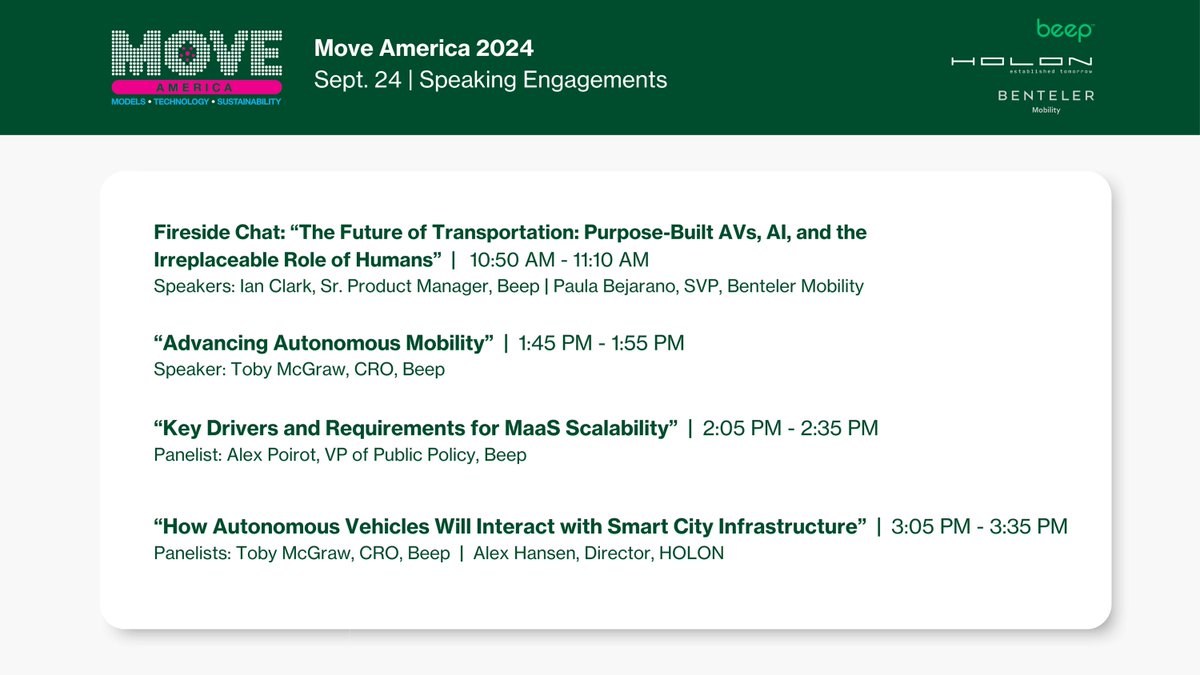Day 1 of #MOVEAmerica2024 is here, and we’re excited to connect with you! Stop by our booth in the exhibit hall to meet the Beep team and catch our experts at the sessions below, where they’ll be sharing insights on the future of #autonomousvehicles, #mobility, and #transit.