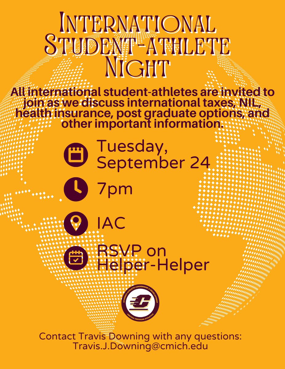 CMU_SALD's tweet photo. Hey international student-athletes!! We hope to see you tonight👀 https://t.co/iiqYrW8O00
