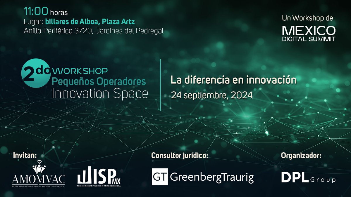 En el Marco del Mexico Digital Summit, <a href="/dpl_news/">DPL News</a> abre un taller para pequeños operadores (móviles virtuales, wisperos y cableros).

Es hoy de 11 a 14 en Alboa de Plaza Artz. Va  a esar bueno.