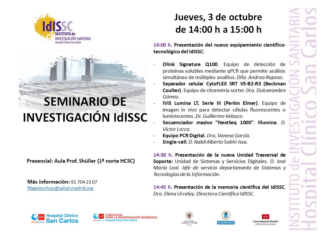 IdISSC, IIS del Hospital Clínico San Carlos (@iis_idissc) on Twitter photo 📢 El Jueves, 3 de octubre a las 14.00h #SeminarioIdISSC <a href="/IIS_IdISSC/">IdISSC, IIS del Hospital Clínico San Carlos</a>
💡 Presentación del nuevo equipamiento científico-tecnológico
💡Presentación de la nueva UTS: Unidad de Sistemas y Servicios Digitales
💡Presentación de la memoria científica
⬇ idissc.org/agenda/seminar… 📢 El Jueves, 3 de octubre a las 14.00h #SeminarioIdISSC <a href="/IIS_IdISSC/">IdISSC, IIS del Hospital Clínico San Carlos</a>
💡 Presentación del nuevo equipamiento científico-tecnológico
💡Presentación de la nueva UTS: Unidad de Sistemas y Servicios Digitales
💡Presentación de la memoria científica
⬇ idissc.org/agenda/seminar…