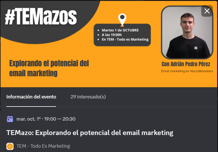 El próximo Martes daré un taller en <a href="/TEMtodoesmkting/">TEM- Todo es Marketing</a> sobre Email Marketing.

Me hace especial ilusión que <a href="/itziaroltra/">Itziar Oltra</a>, una de mis mayores referentes en Marketing, cuente conmigo para ir a dar esta charla en su comunidad. 😊