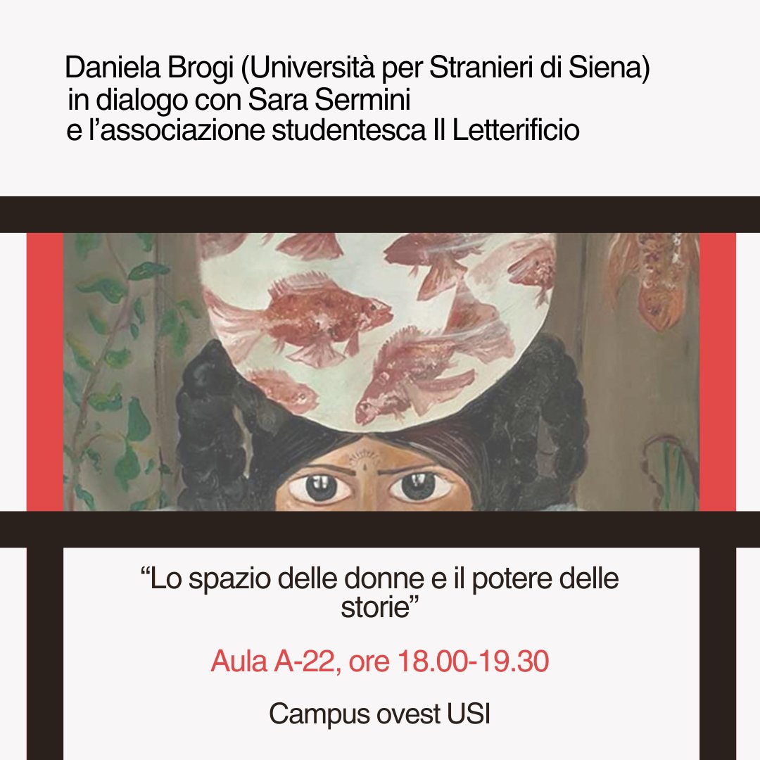 📜 Lo spazio delle donne e il potere delle storie
📅 Lunedì 30 settembre ore 18.00-19.30
🏣 Aula A-22, Campus ovest USI Università della Svizzera italiana (Official Page)
📧 Info: isi.usi.ch/.../cosa-puo-l…...