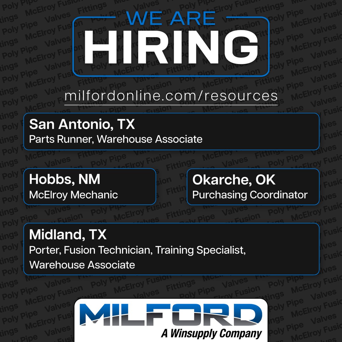 Milford_Comp's tweet photo. https://t.co/nItv5iJm8h
Parts Runner
Warehouse Associate
McElroy Mechanic
Purchasing Coordinator
Fusion Technician
Training Specialist
Porter

#permianbasinjobs #sanantoniojobs #oklahomajobs #pvf #hdpe #polypipe #TheStrongerChoice https://t.co/M8RHIXuX2t