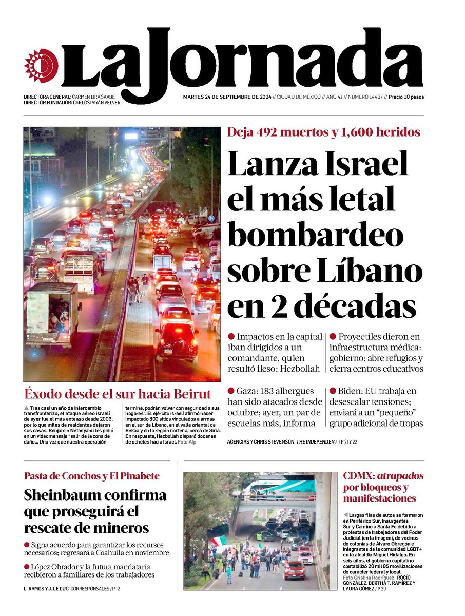 hiloinformativo's tweet photo. #Portadas #24Septiembre🇲🇽
🧵El Universal:Reforma judicial lleva a jueces y magistrados a adelantar jubilaciones
Reforma:Dan a 'favorita' $28 mil millones
Milenio:John toca tierra y el comercio teme pérdidas por 1,500 mdp
La Jornada:Lanza Israel el más letal bombardeo
#FelizMartes https://t.co/ulA7nMpFtH