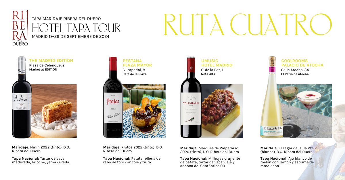 Desde la #doriberadelduero promovemos la categoría de “Tapa Maridaje Ribera del Duero” en la edición #madrid de Hotel Tapa Tour 

Conoce los maridajes con vinos tintos, blancos y rosados de las #bodegas  en #hoteltapatourmadrid